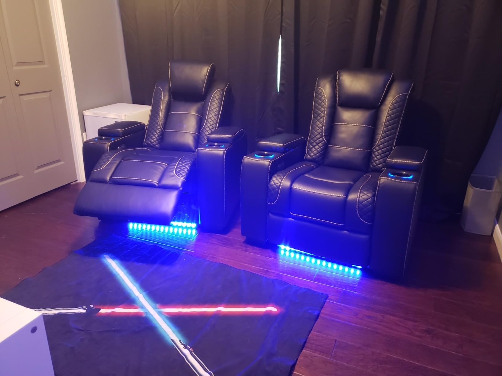 ANJ Power Home Theater Recliner Chair Set of 2, Electric Movie Theater Seating Reclining Chairs with Cup Holders for Living Room, Faux Leather with Blue LED, USB Ports, Hidden Arm Storage (Black) customer photo 2