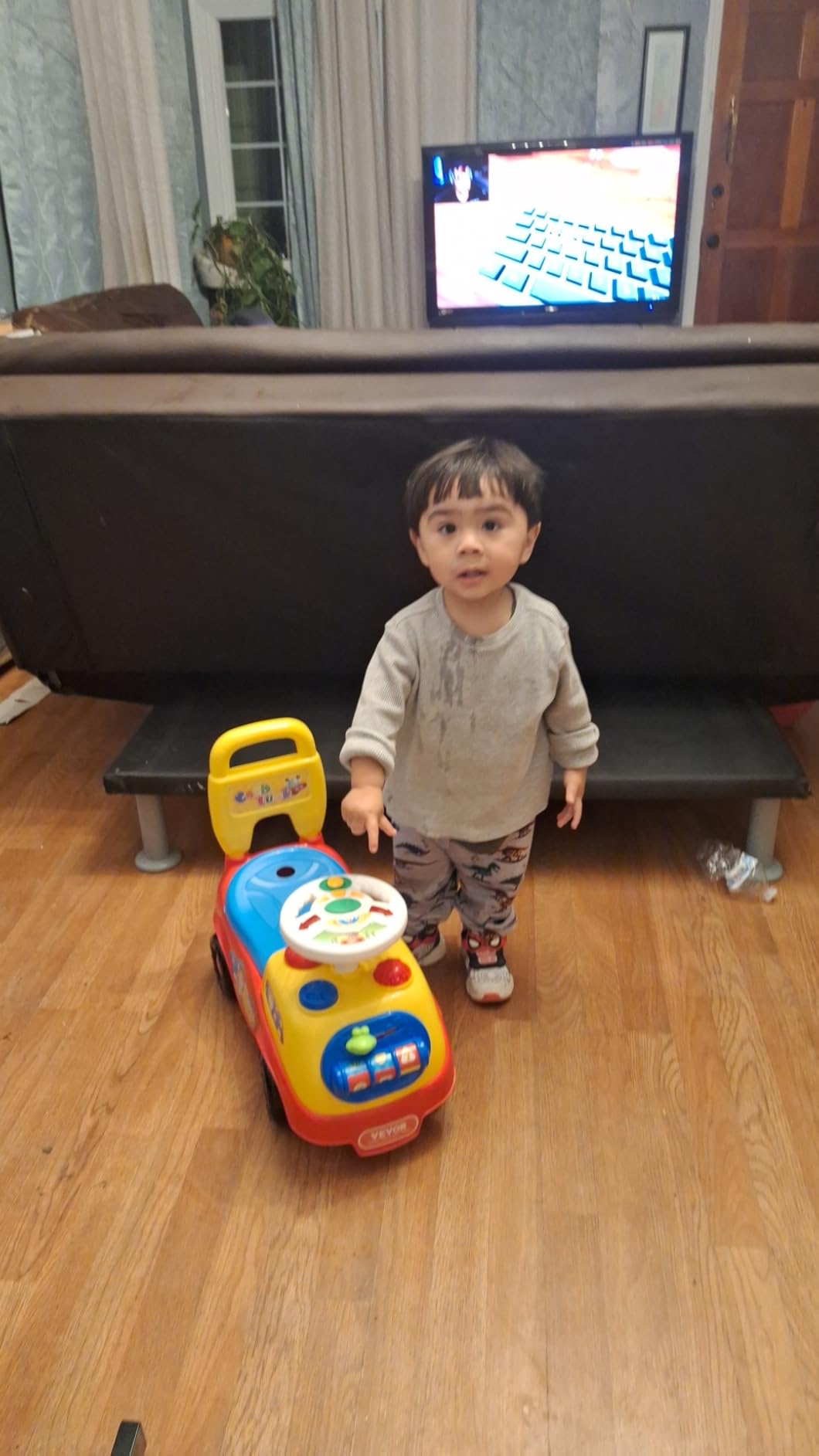 VEVOR Ride On Toddler Car, Push Car for Toddler 19 to 36 Months, Excavator Digger Toy with Helmet & Music, 55 lbs Load Capacity, Foot-to-Floor Walker for Kids, Yellow customer photo 2