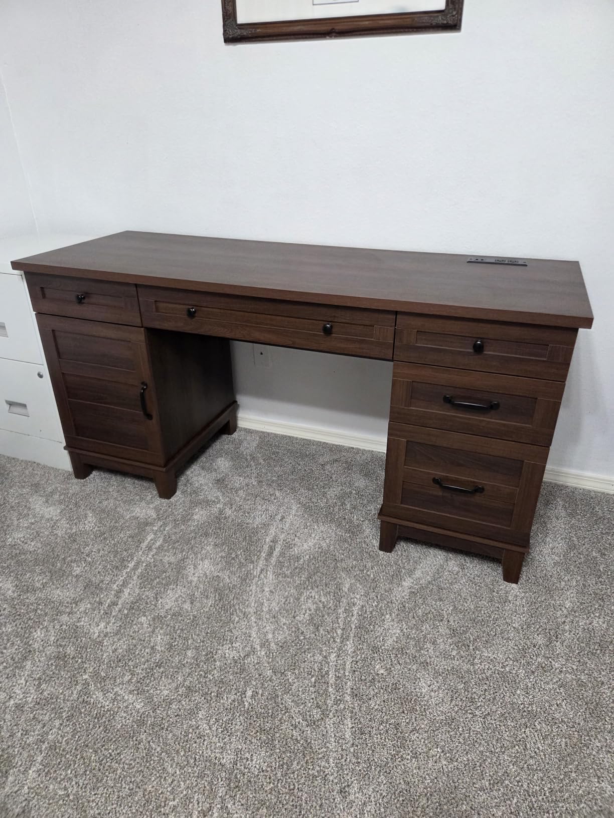 GarveeHome Executive Desk with File Drawers, Farmhouse Home Office Desk with Charging Station, 60 in Wooden Computer Desk with Cabinet Storage for Work Study Writing, Walunt Brown customer photo 1