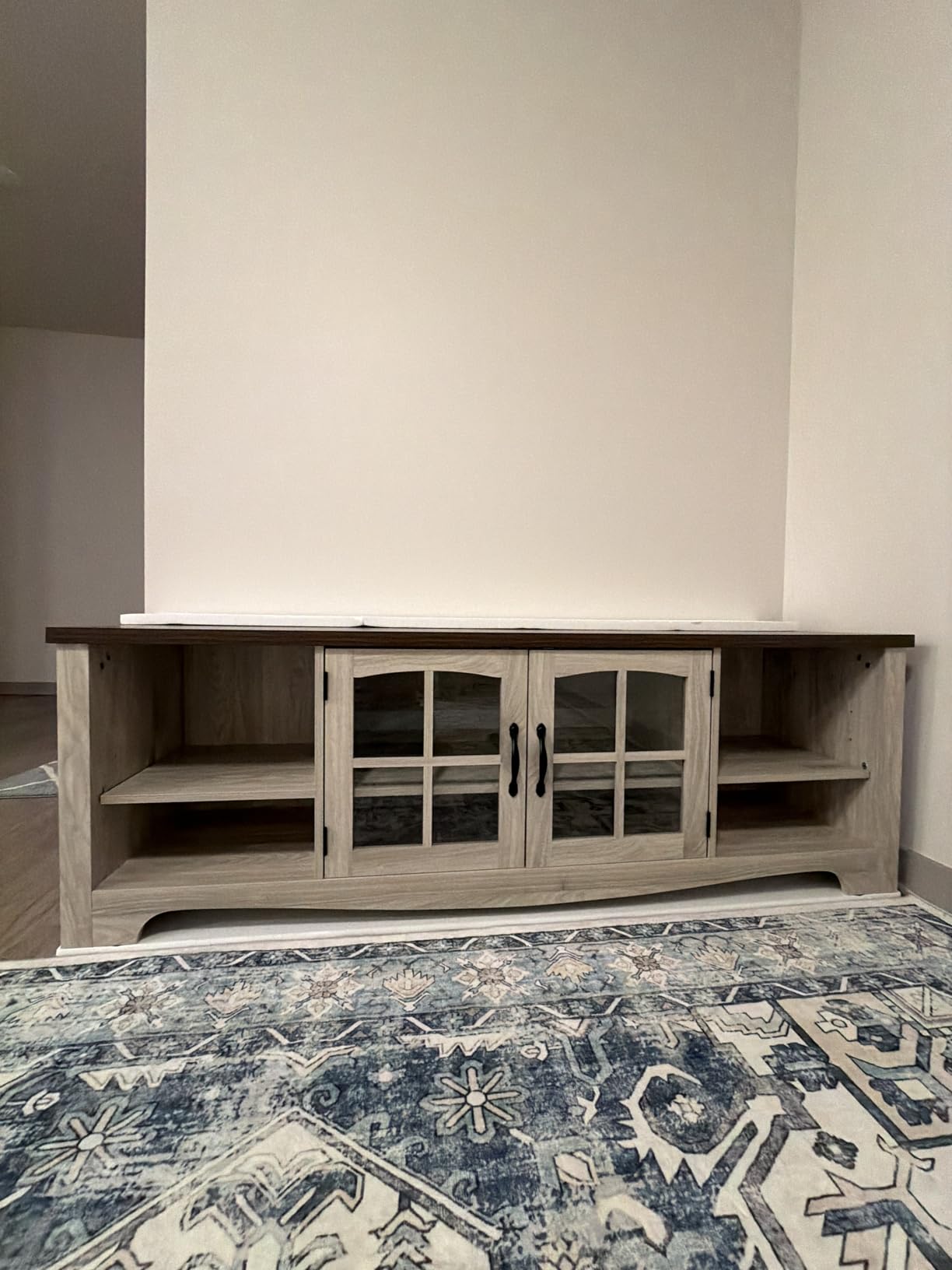 LINSY HOME TV Stand for 75 Inch TV, Modern Farmhouse Entertainment Center with Storage Cabinets and Glass Doors, Tall Media Console Table for Living Room, Bedroom, Large Long Television Stand, Brown customer photo 2