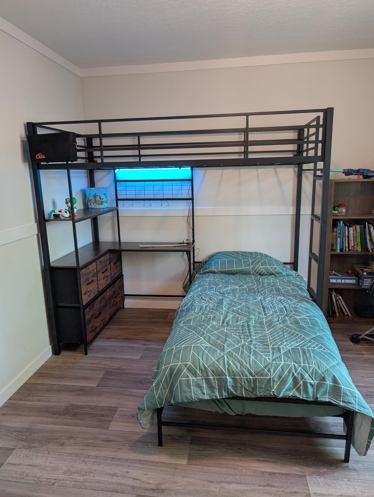 Bunk Bed Twin Over Full with 4 Storage Drawers and 3-Tier Open Bookshelf customer photo 1