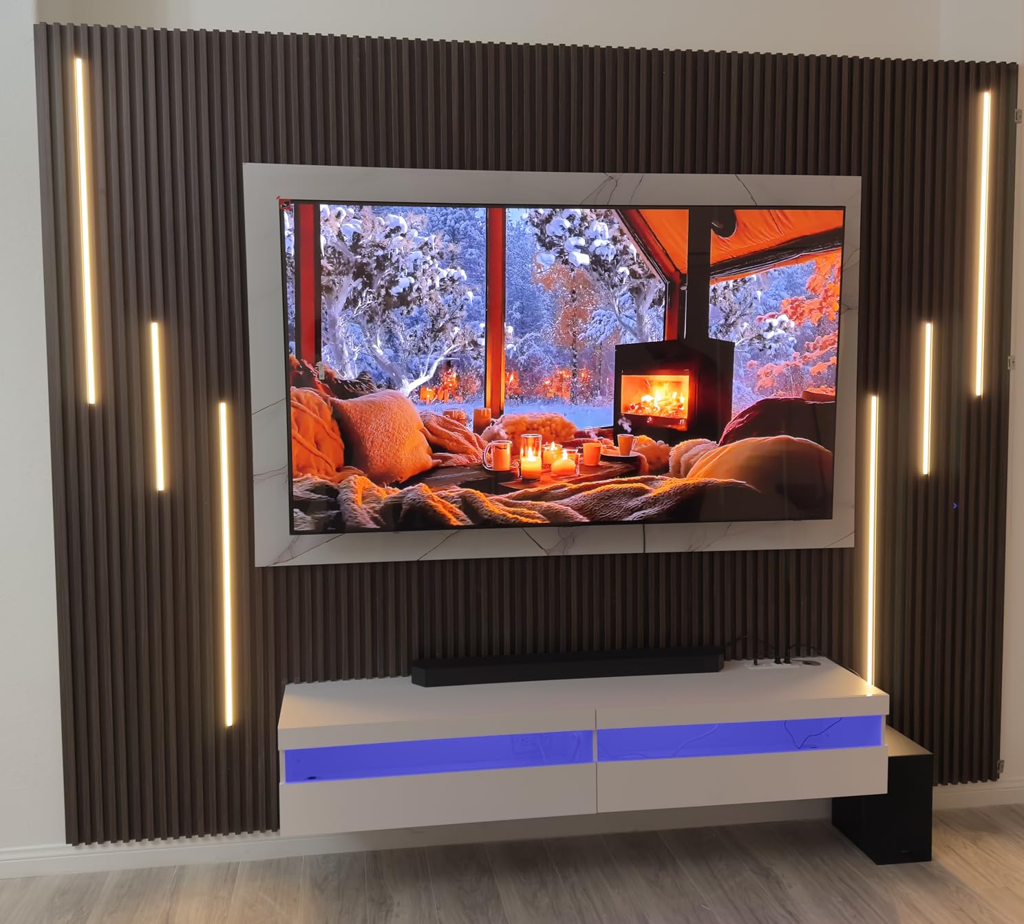 Solid Wood Floating TV Stand-Wall Mounted TV Shelf with Led Lights & Power Outlet, 71