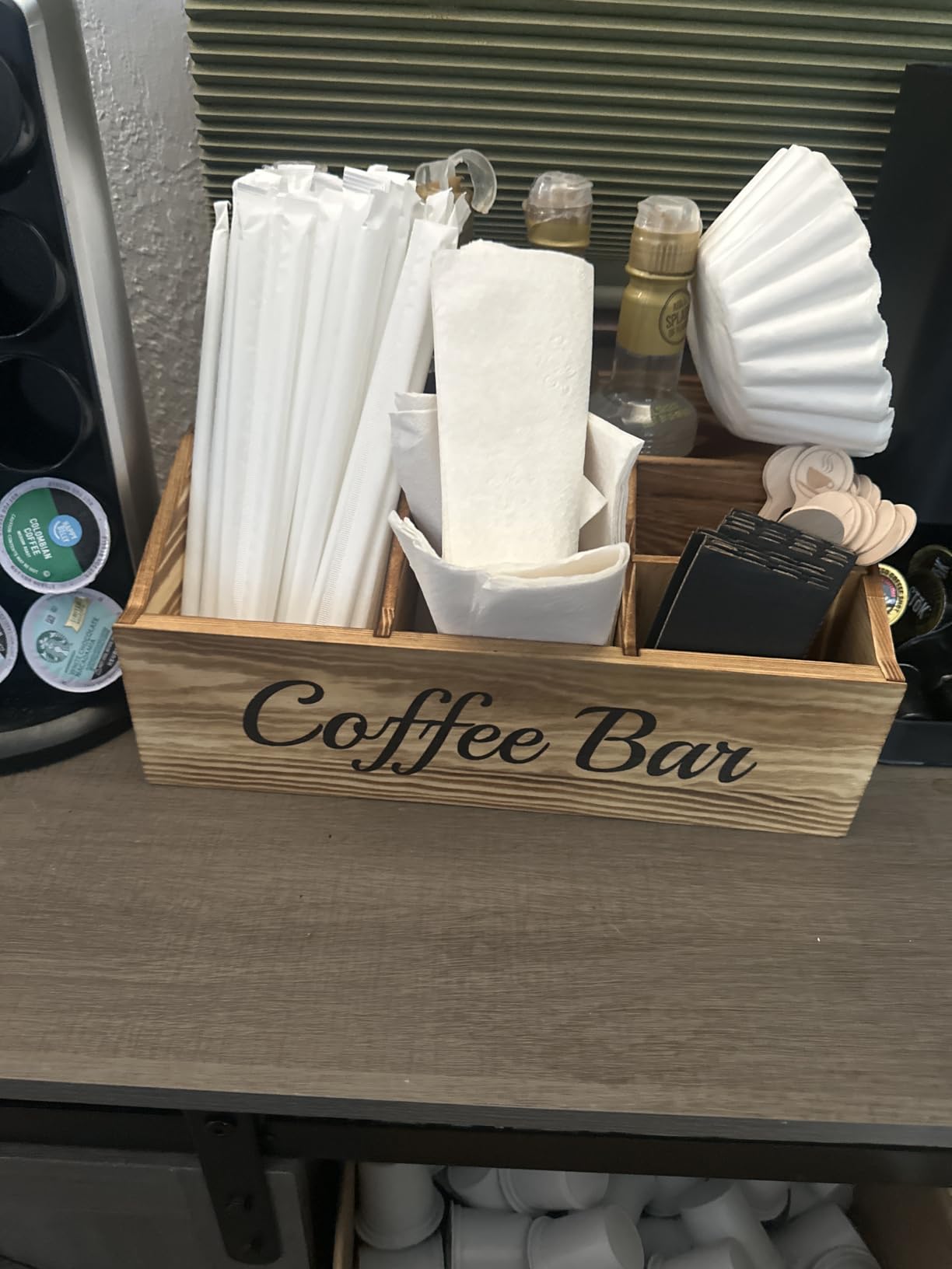 Coffee Station Organizer for Countertop – Wooden Coffee Bar Organizer with Adjustable Dividers,Holds K Cup Pod & syrup bottles, for Kitchen, Office, or Bar and Tea Station, Black customer photo 1