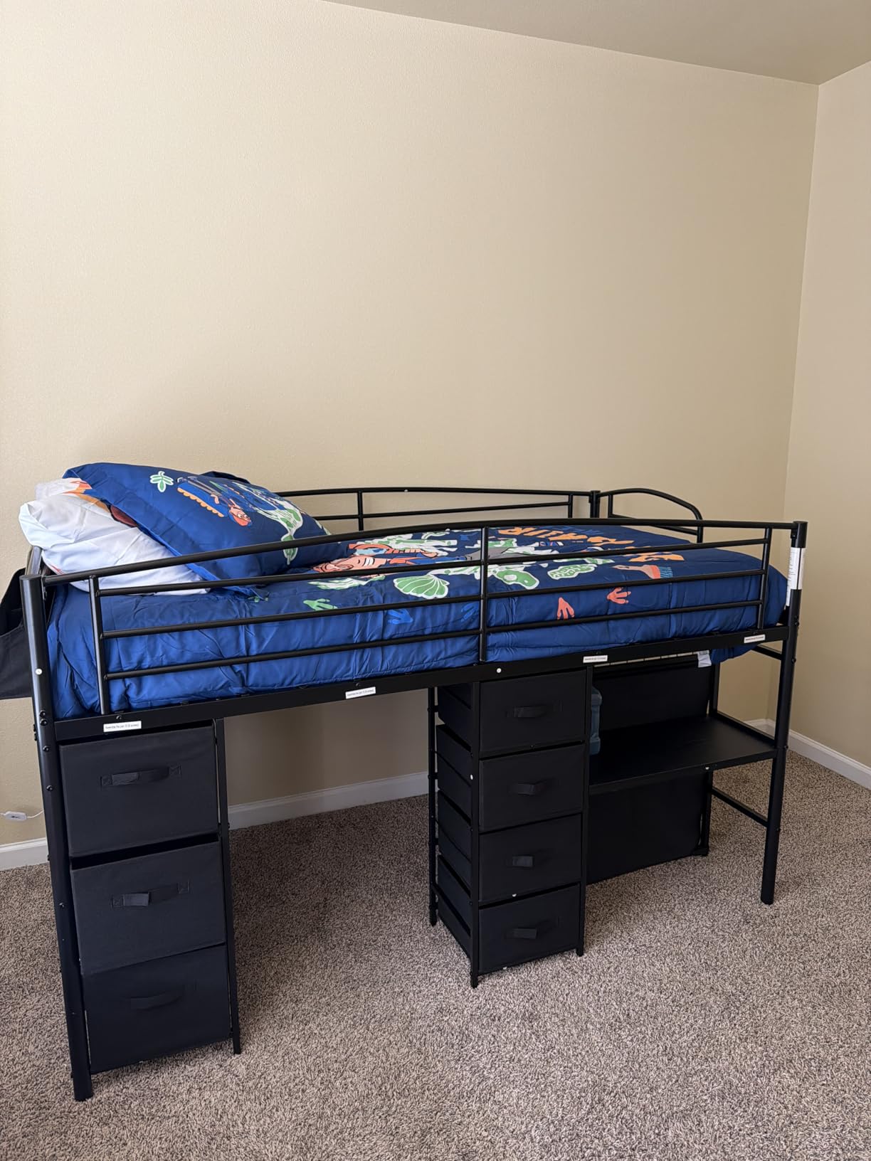 Low Loft Bed Twin Size with 7 Storage Drawers, Desk and LED Lights, Heavy Duty Metal Kids Loft Bed with 13.8