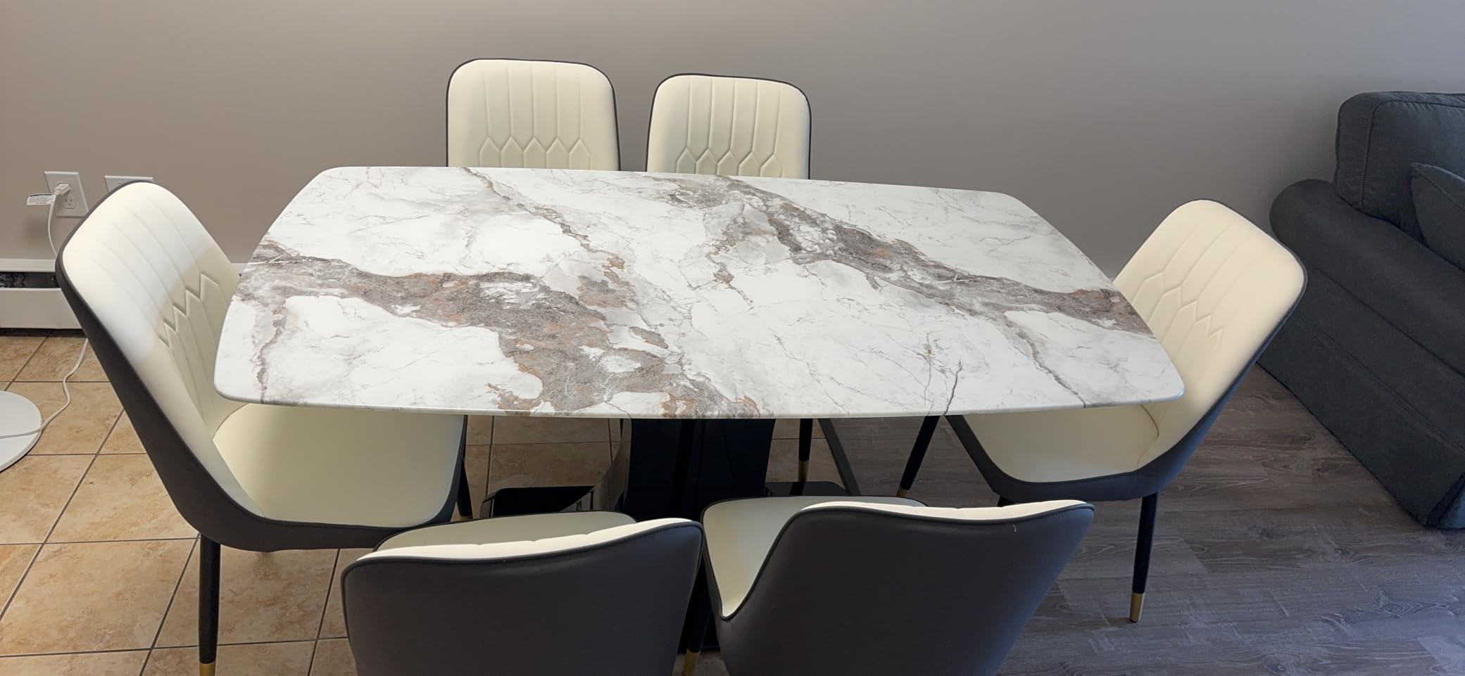 Modern Dining Table Set for 6, Marble Kitchen Table Chair Set for 6, Rectangular Kitchen Table with 6 PU Leather Upholstered Chair for Dining Room customer photo 2