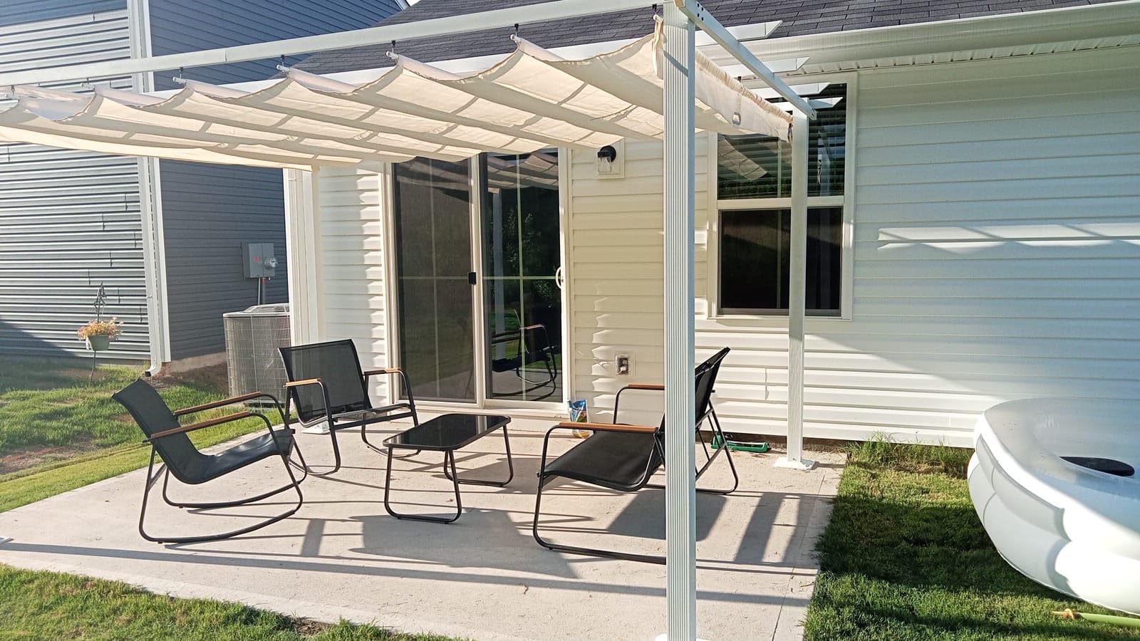 HAPPATIO 10' X 13' Wood-Grain Retractable Pergola with Sun Shade Canopy, Patio Aluminum Frame Shelter for Backyards, Gardens, Porch, Includes Ground Studs and Expansion Screws (Beige) customer photo 1