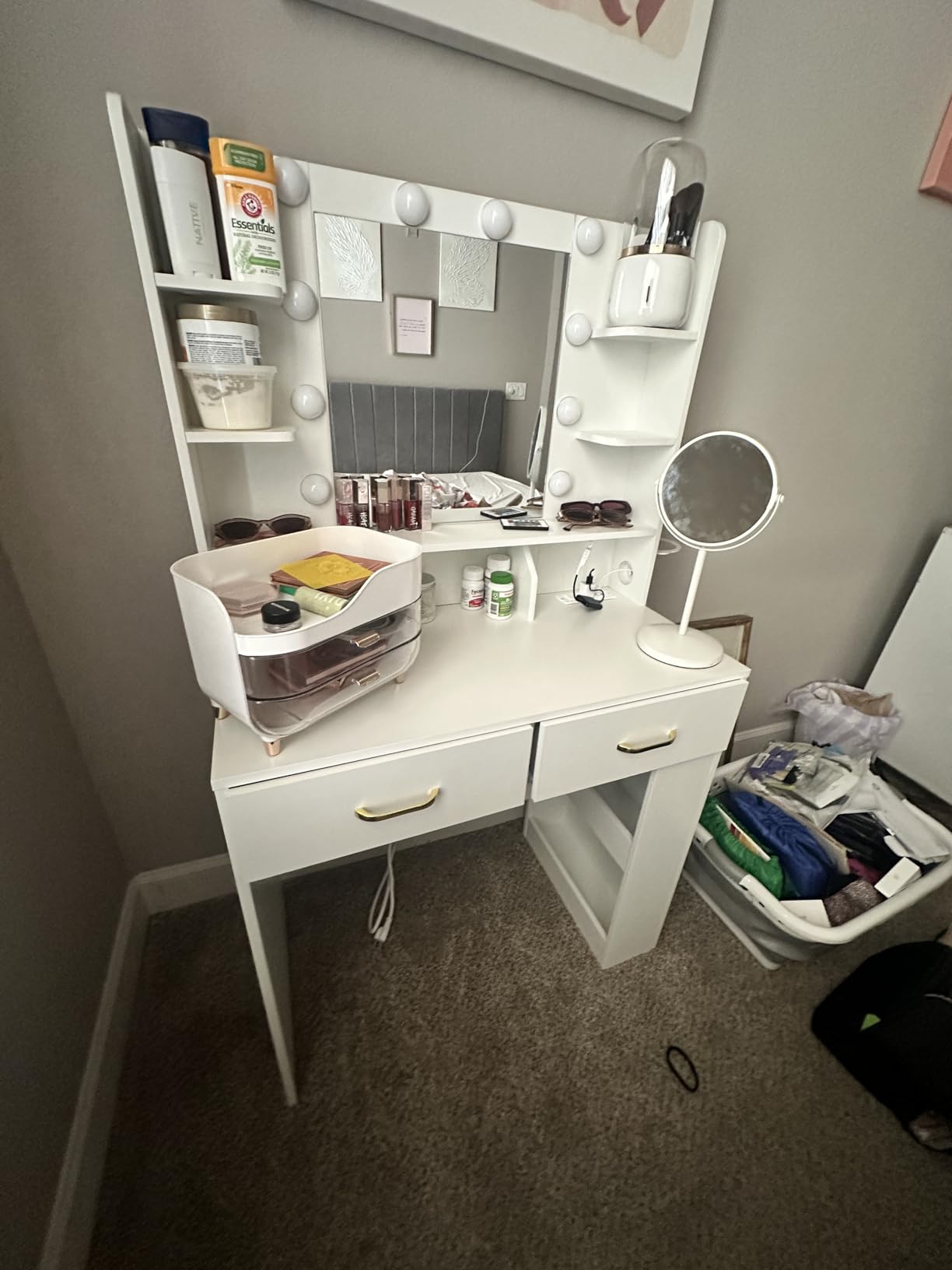 LUCKRACER Vanity Desk with LED Lights Mirror & Charging Station, Makeup Vanity with Storage Drawers and Shelves, Modern Dressing Table for Women Girls Bedroom, Ivory White customer photo 2