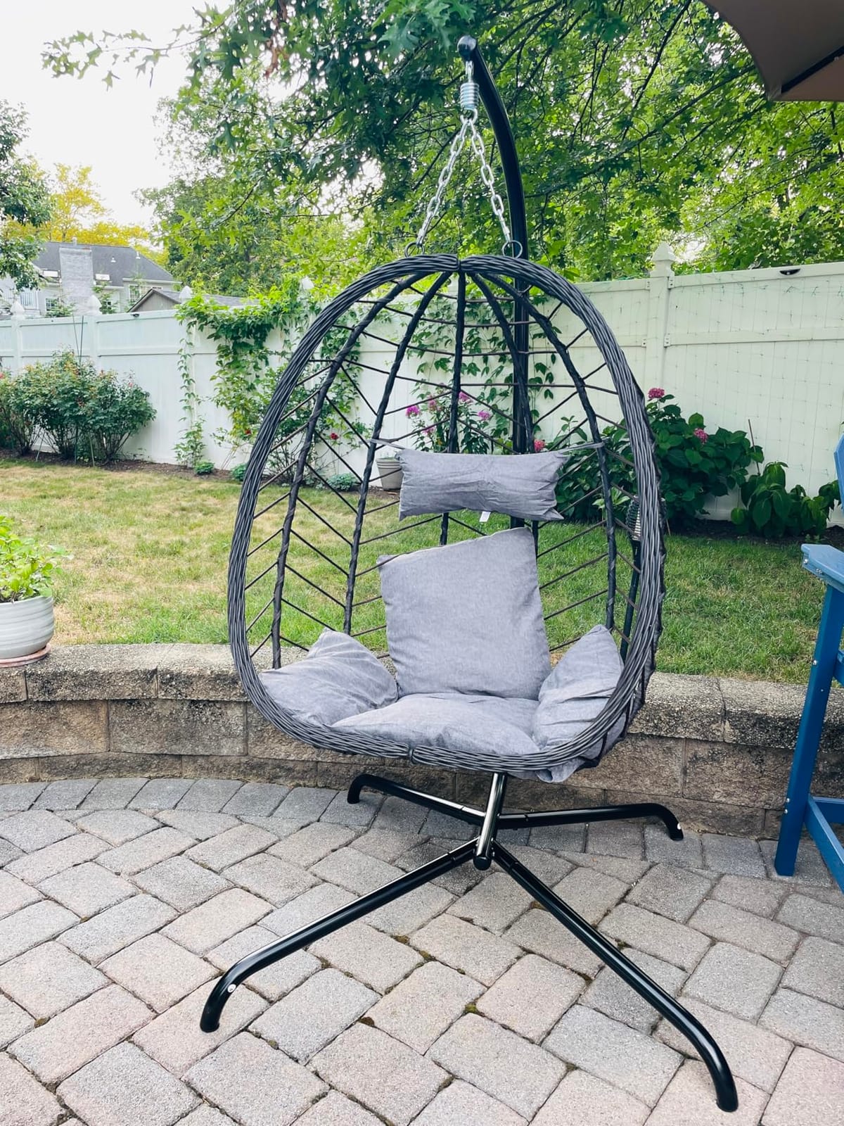 LEX CRAFT Hanging Egg Chair with Stand, Swinging Egg Chair Outdoor Indoor, Hanging Basket Chair with Cushion, Patio Wicker Hammock Chair 350lbs Capacity (Gery-Gery) customer photo 2
