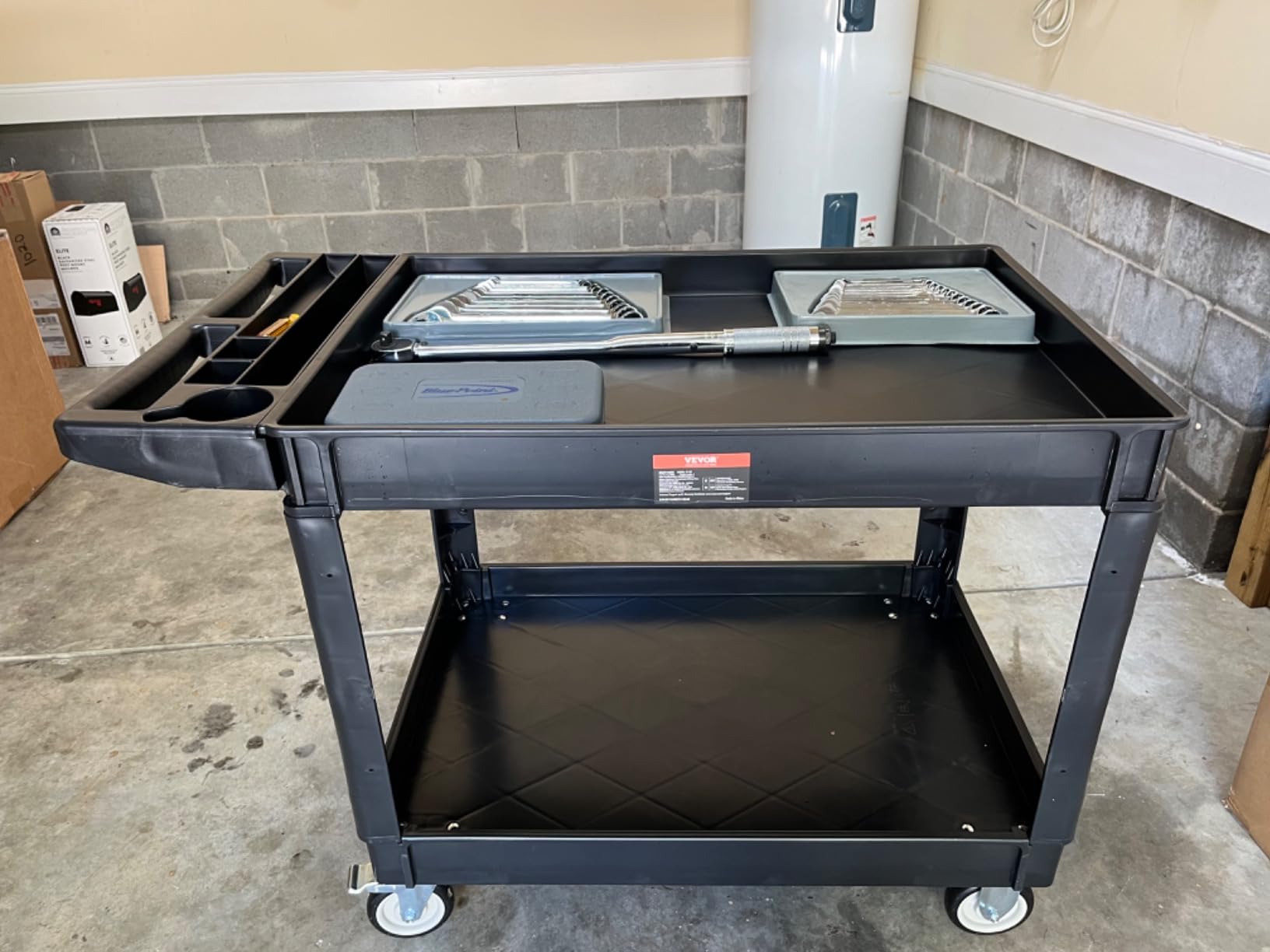 VEVOR Utility Cart with Tray & Pegboard, 44.8 x 24in 2 Tier Service Cart with 360° Swivel & Fixed Wheels (2 Brakes), 550 LBS Work Cart Tub Storage W/Deep Shelves, Tool Storage for Garage Warehouse customer photo 2
