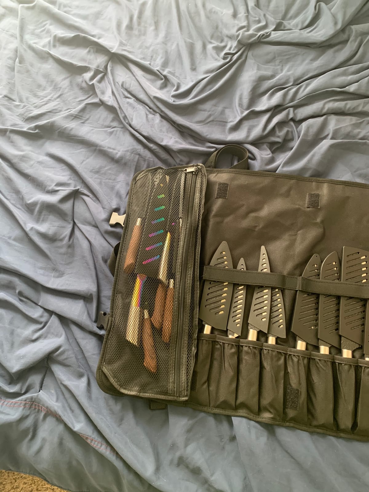 Asaya Waxed Nylon Chef Knife Roll Bag with 20 Slots and Zippered Pockets - Professional Chef Knife Bag & Storage Case, Tool Carrier with Shoulder Strap - Knives Not Included (Blue) customer photo 1