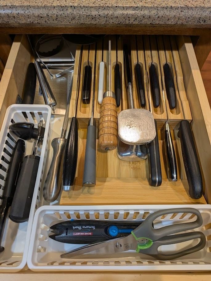 VaeFae Bamboo Knife Drawer Organizer, Knife Drawer Organizer Insert, Kitchen Drawer Knife Block for 12 Knives and a PLUS Slot for your Knife Sharpener (Without Knives) customer photo 2