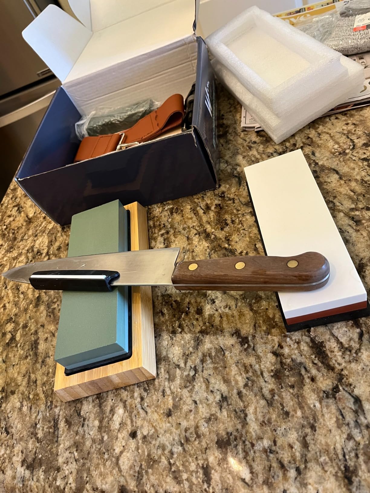 Knife Sharpening Stone Kit – 400/1000 3000/8000 Grit Wet Kitchen Whetstone Knife Sharpener Set with Non-slip Bamboo Rubber Base, Angle Guide, Flattening, Leather Strop and Cut Resistant Gloves customer photo 1