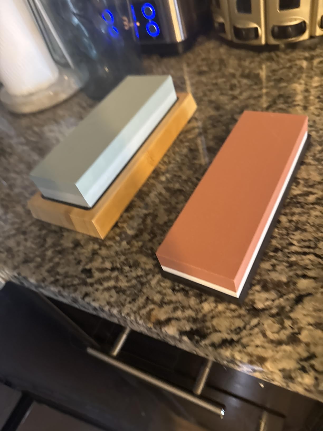 Knife Sharpening Stone Kit – 400/1000 3000/8000 Grit Wet Kitchen Whetstone Knife Sharpener Set with Non-slip Bamboo Rubber Base, Angle Guide, Flattening, Leather Strop and Cut Resistant Gloves customer photo 2