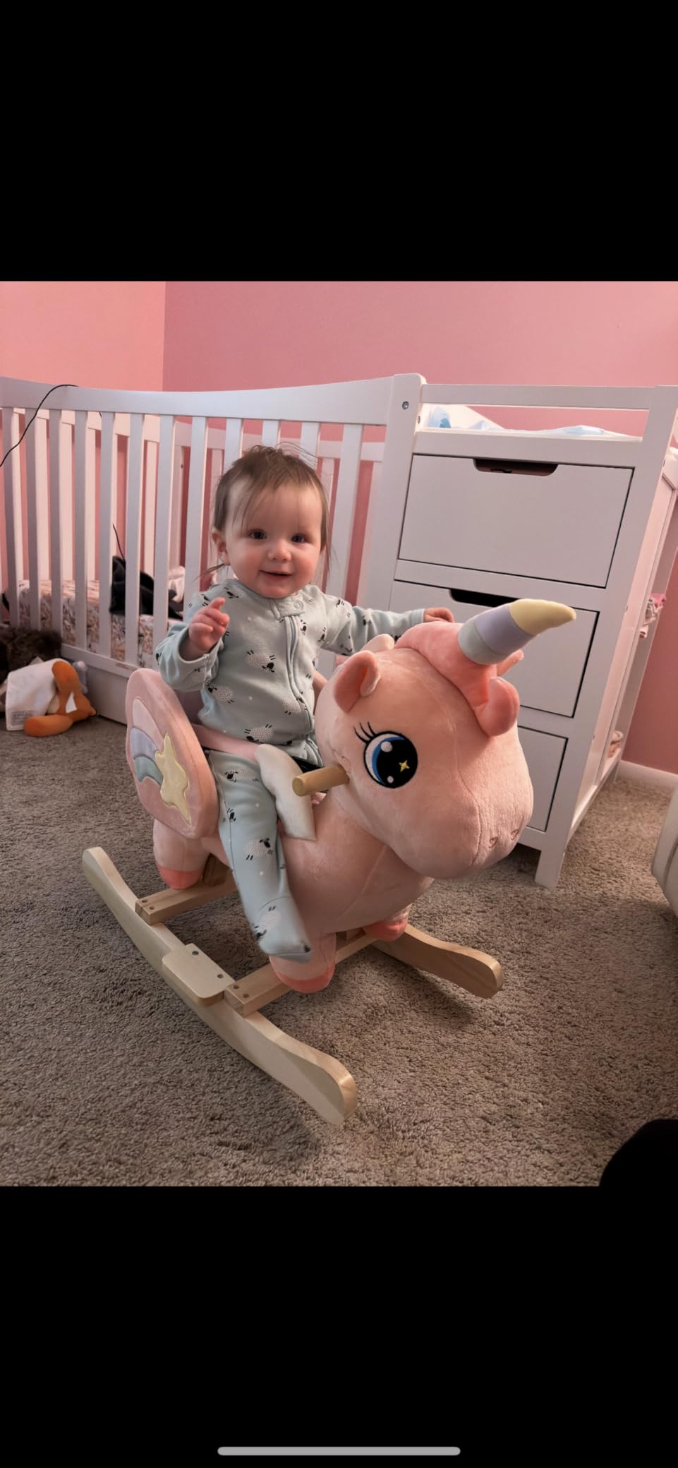 FUNLIO Unicorn Spring Rocking Horse for Kids 3-6, Rainbow Fairy Ride on Horse with Covered Spring & Sturdy Frame, Neighing & Galloping Sound for Pretend Play, Nursery Horse Toys, CPC & CE Certified customer photo 1
